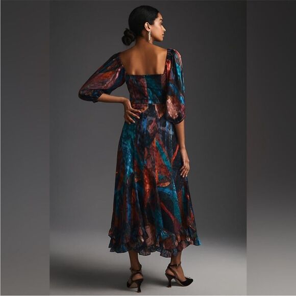 Hutch Anthropologie Long Sleeve Midi Dress in Blue Orange Abstract Print 2P - Picture 2 of 10